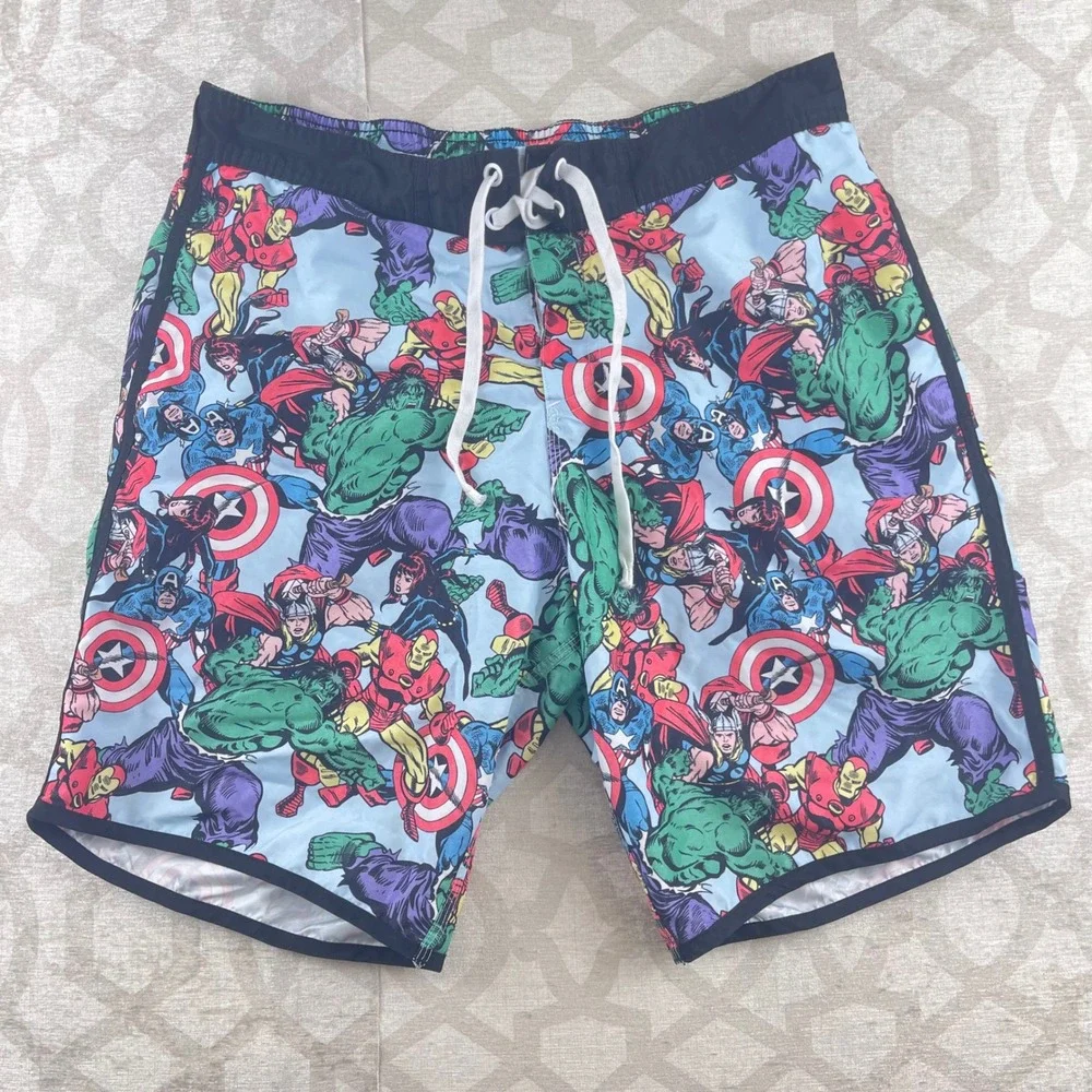Marvel Avengers Comic Print Swim Trunks Mens Large Hulk Iron Man Captain America